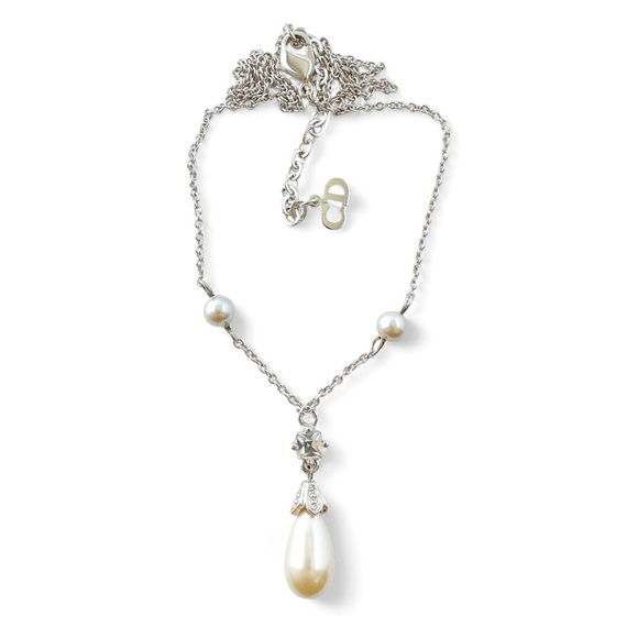 Christian Dior Signed Clear Rhinestone Faux Pearl Drop Chain Necklace Silvertone - Picture 1 of 9